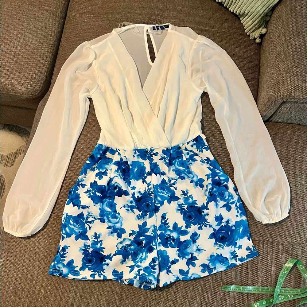 Elegant White and Blue Floral Jumpsuit